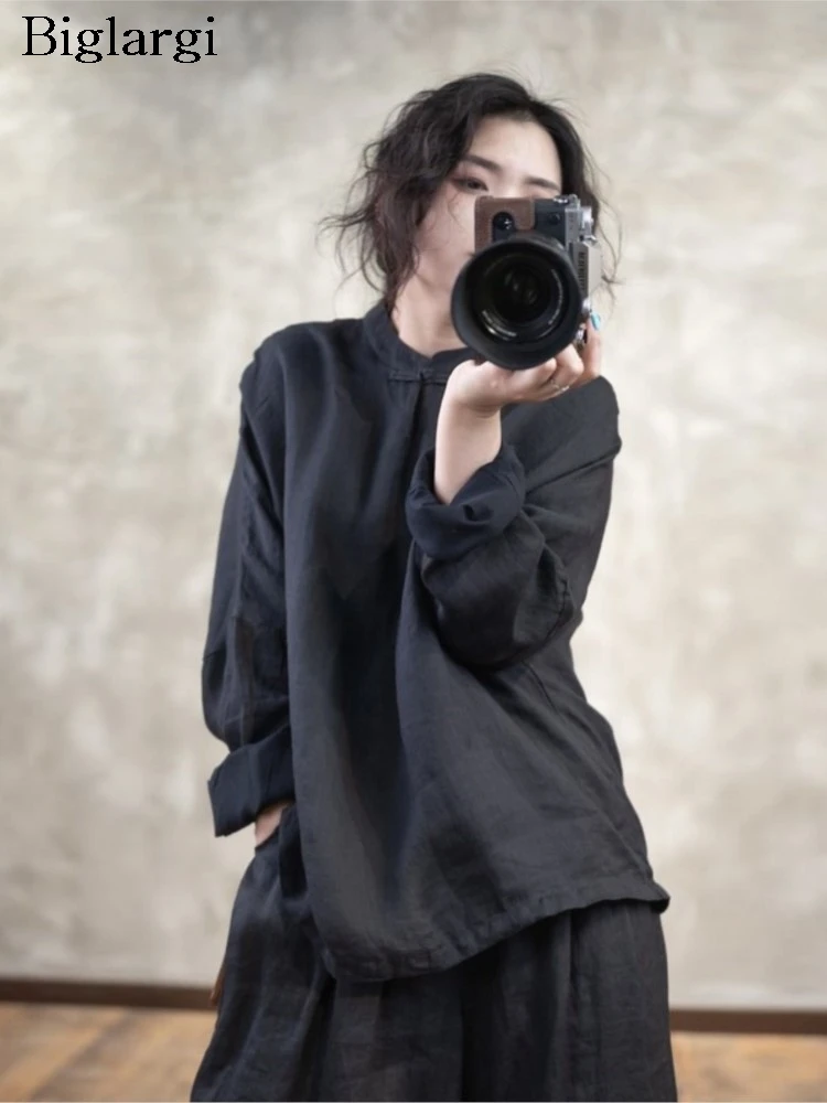 

Осенние рубашки большого размера, женские модные свободные плиссированные повседневные женские блузки с воротником-стойкой, женская рубашка с длинным рукавом