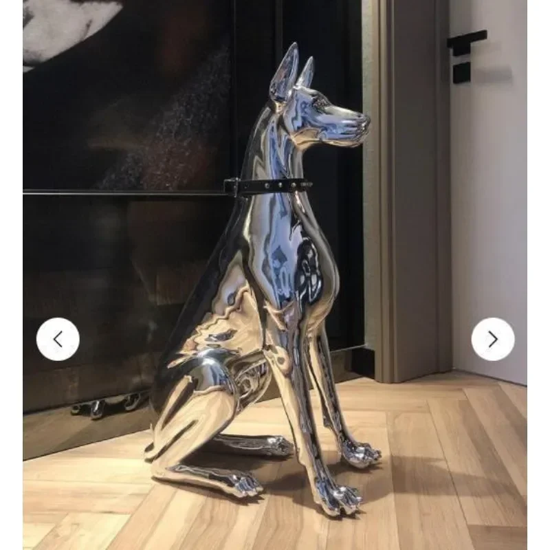 New Product Sitting Silver Doberman Statue Home Animal Decoration Dog Animal Living Room Decoration