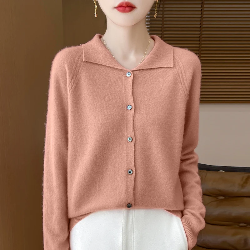 New 100% Wool Cardigan Sweater Women Turn-down Collar Long Sleeve Top Solid Color Autumn Winter Female Knit Casual Warm Jacket