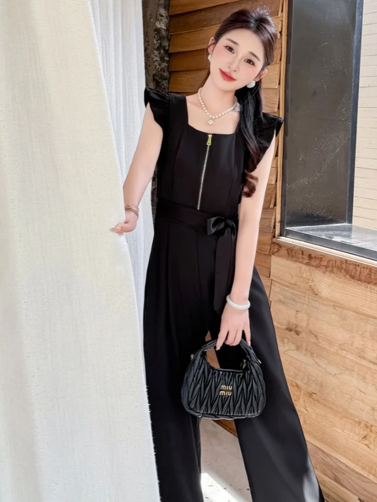 Monos de verano para mujer, peleles negros con mangas voladoras y cuello cuadrado, moda informal con cordones y cremallera frontal, ropa de calle general