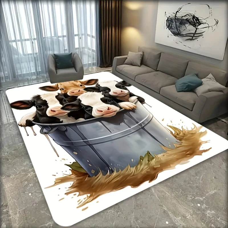 1pc 2D Flat Cute Cows In Milk Bucket Farm Flannel Area Rug Non Slip Animal Carpet For Living Room Bedroom Floor Decor