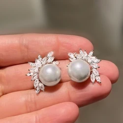 Huitan Brilliant Simulated Pearl CZ Stud Earrings for Women Aesthetic Bridal Wedding Earrings Newly Design Luxury Trendy Jewelry