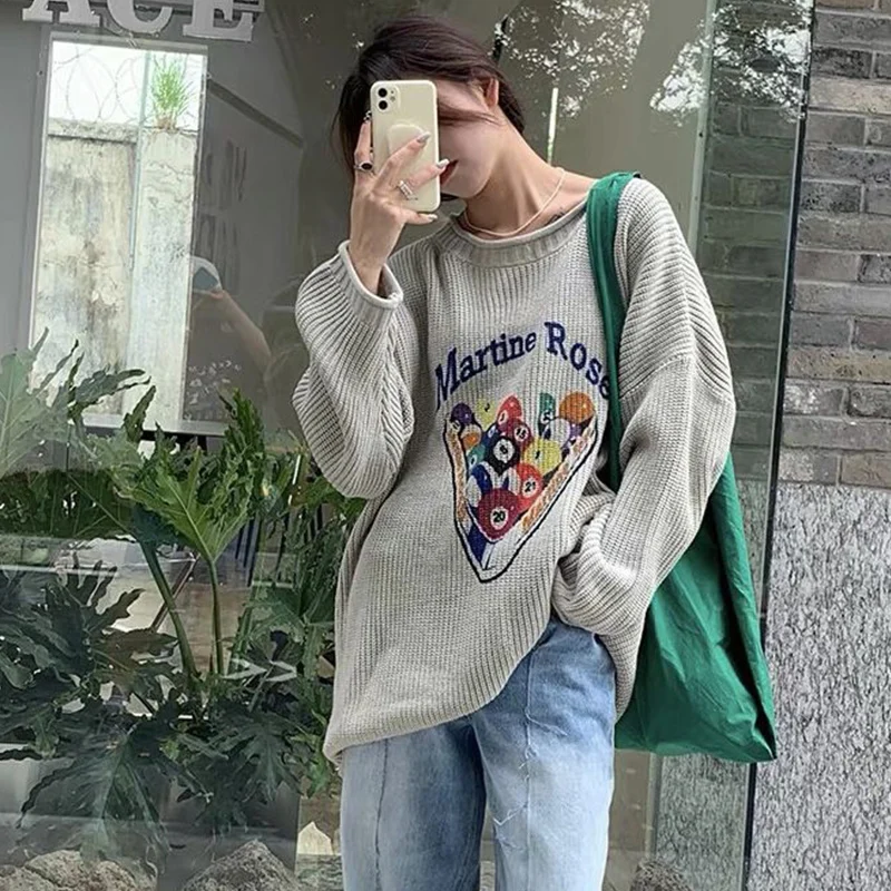 

Korean Vintage Printing Pullover Sweater Autumn Winter Fashion Loose O-neck Long Sleeve Elasticity Pullovers Women Clothing Tops