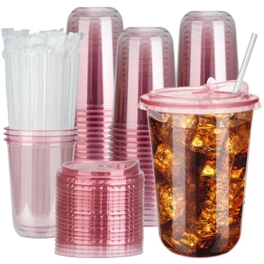 

100 Sets 16oz Disposable Stemless Plastic Cups with Strawless Sip Lids, Clear PET Coffee Cups for Iced Coffee, Smoothies, Cold