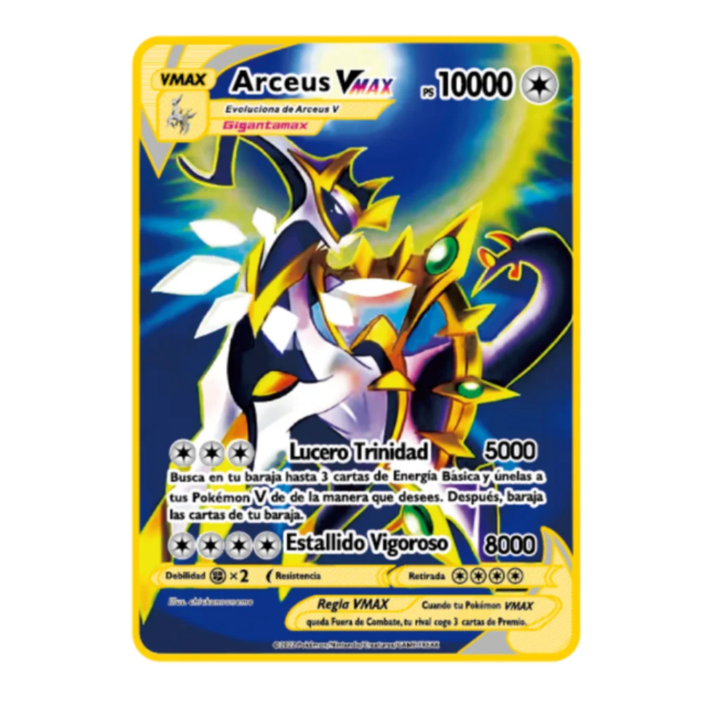 10000PH Pokemon Gold Metal Card Arceus Pikachu Charizard VMAX Spanish Version Pokémon Game Collection Metal Iron Cards Kid Gifts