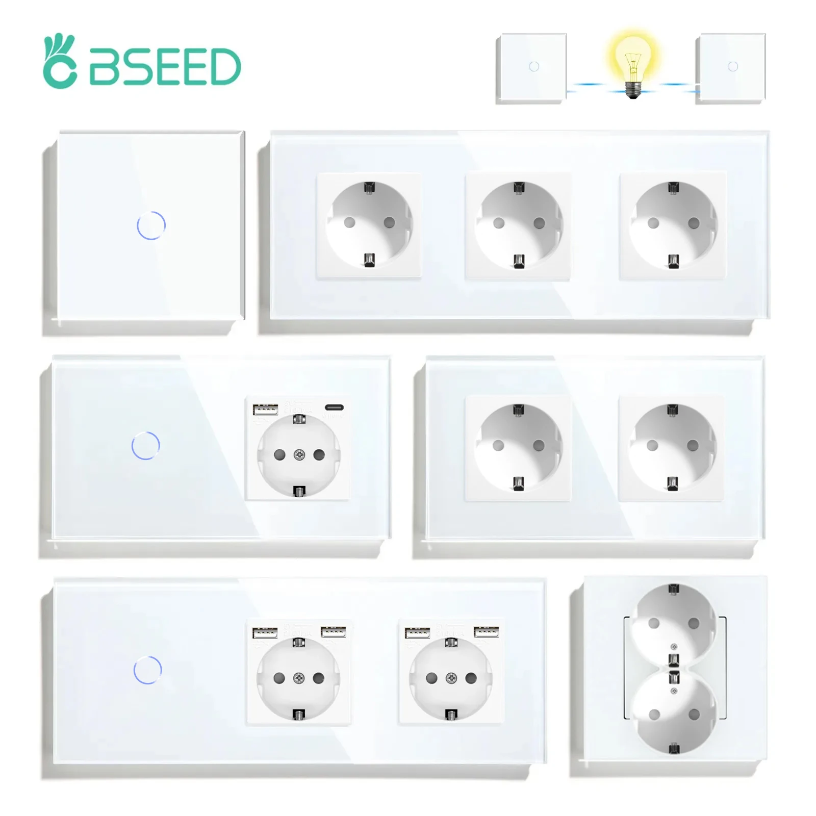 BSEED EU 표준 1갱 2웨이 벽 터치 라이트 스위치 벽 전원 센서 스위치 크리스탈 글라스 패널 LED 블루 백라이트