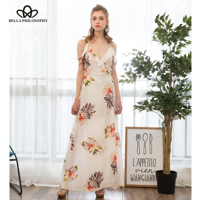 Bella Philosophy verano Spaghetti Strap estampado bohemio mujeres cuello pico señoras vestido largo Maxi playa vestido de gasa