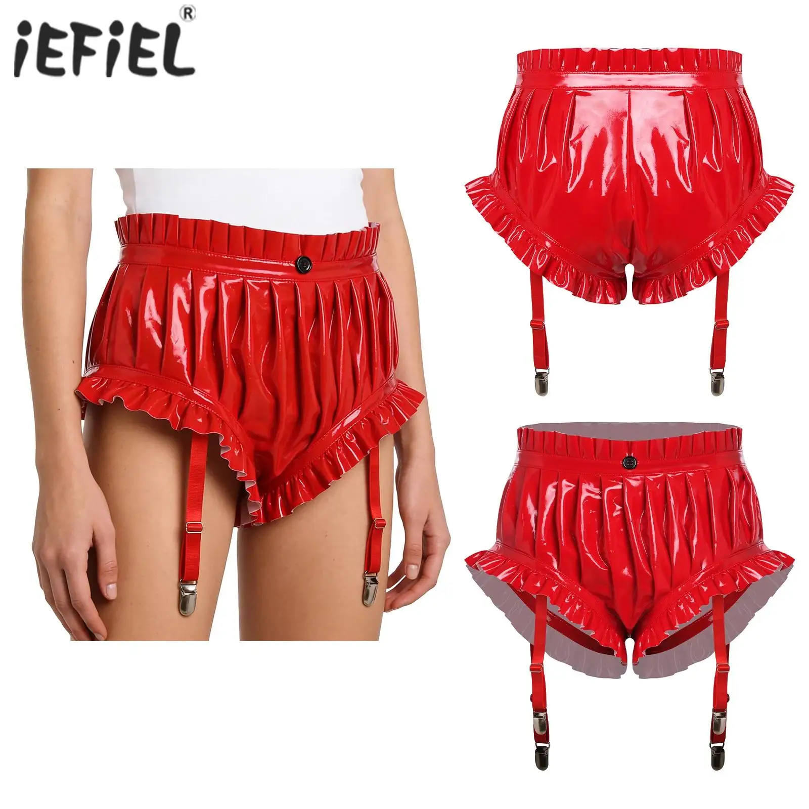 Womens PU Leather Latex Shorts Ruffle Trim Garter Clips Ruched Bloomer Underwear Rave Party Outfit Lingerie Bottom Clubwear