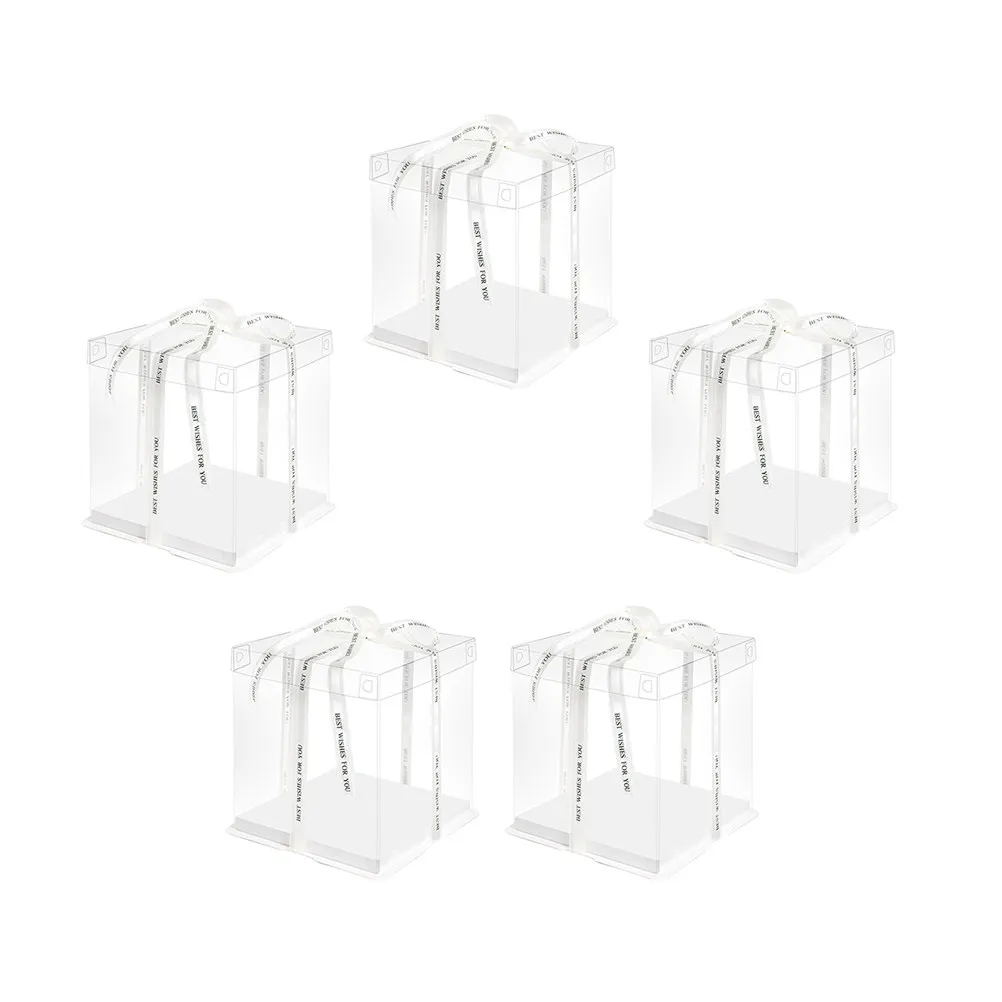 5Pcs Birthday Cake Boxes Transparent Single Layer Eco-Friendly Cake Carrier Ribbon Design Portable Storage Container for Picnic