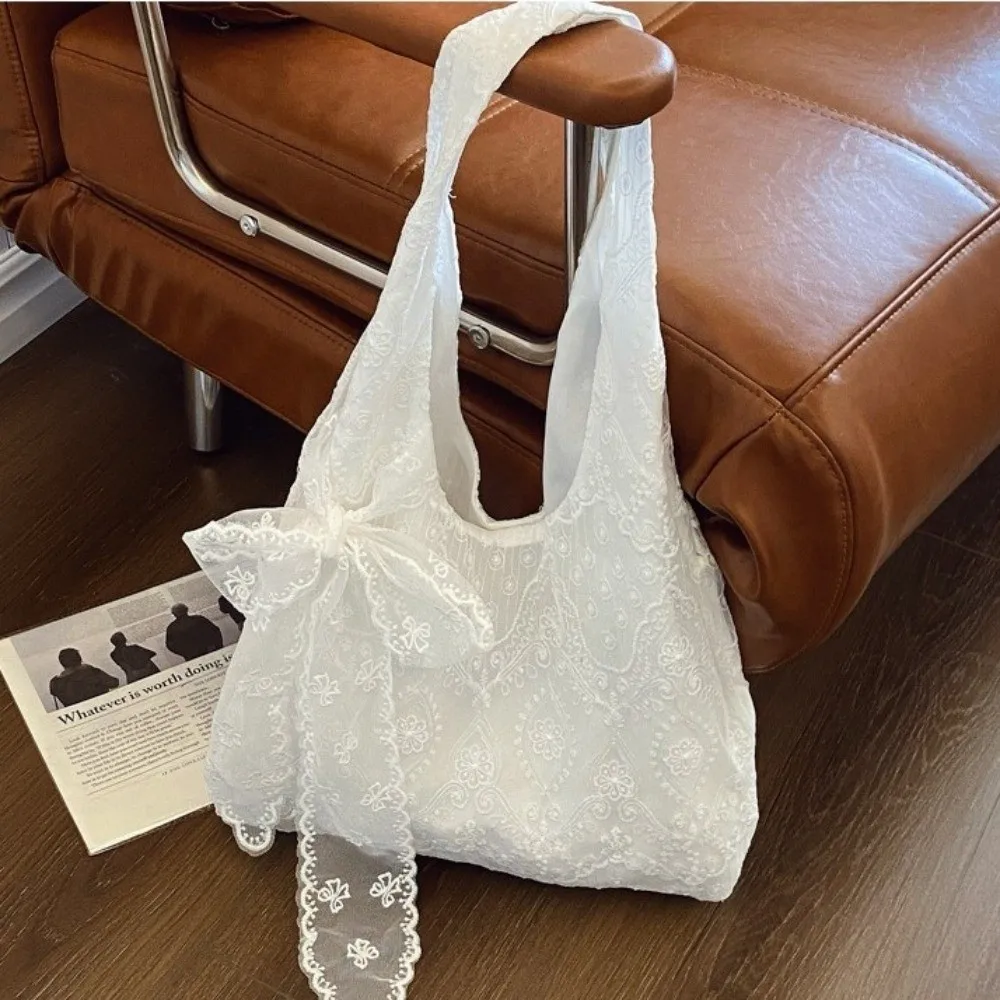 쇼핑 자수 레이스 숄더 백 리본 토트 백 캔버스 핸드백 조끼 가방 천 대용량 가방 매일