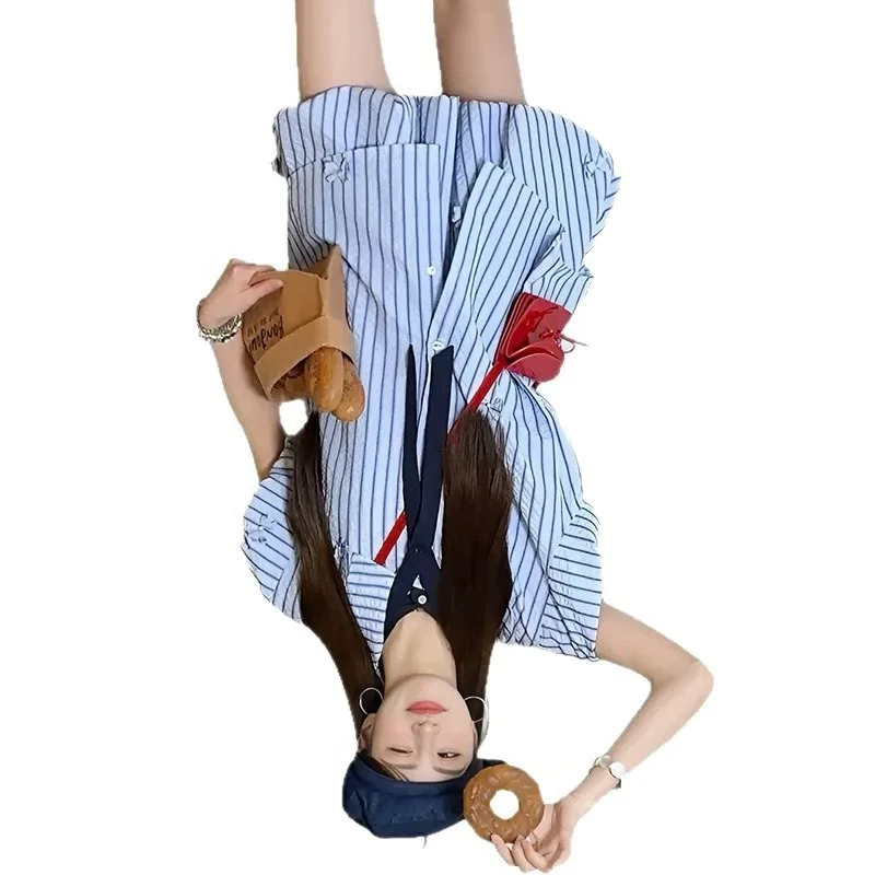

Summer Small Men Wear Complete Set of Bud Skirts Two-piece Women Official Picture Korean Department College Style Striped Shirt