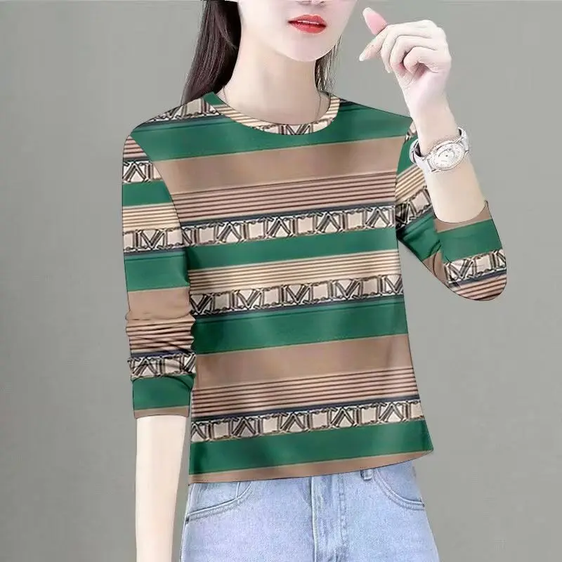 

Elegant Long Sleeve Women's T-Shirt round Neck Striped Base Shirt Fashionable Casual Wear for Middle-Aged Mothers Belly Cover...