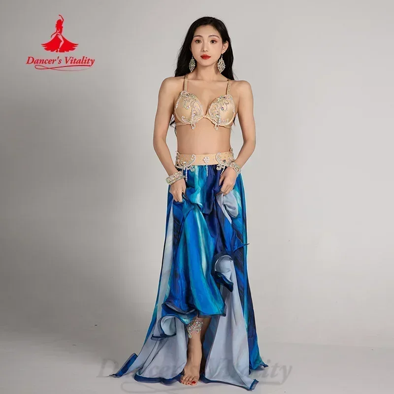 Belly Dancing Performance Set Exquisite Pearl Bra+Belt+Satin Long Skirt 3pcs Adult Women's Oriental Dance Competition Costumes