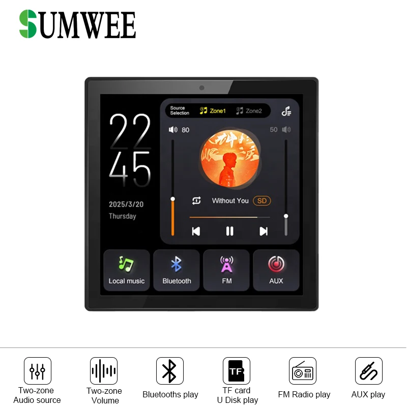 Amplificadores de pared Bluetooth de 4 canales y 25W con pantalla táctil de 4 pulgadas, 2 zonas de audio, control de volumen, radio FM, AUX, TF, panel de control de música.