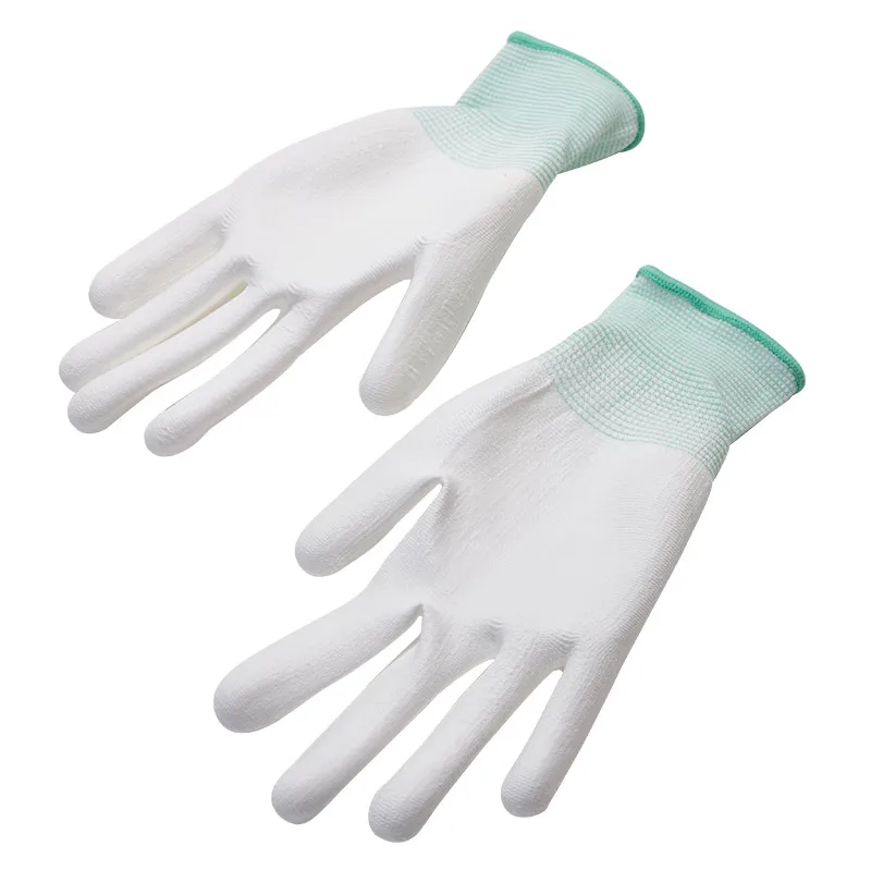 H-6009N Guantes de punto de nailon con dedos de palma recubiertos de PU, antideslizantes, transpirables para mantenimiento de semiconductores electrónicos