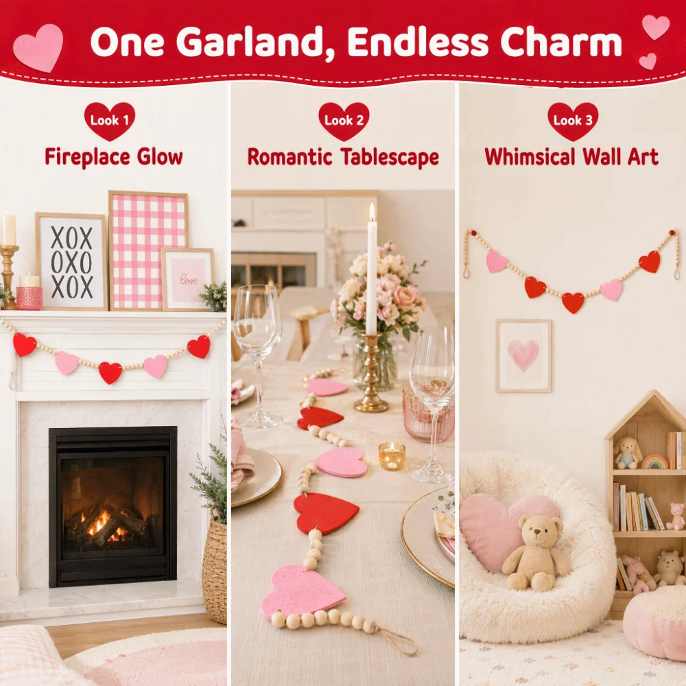 Red Pink Color Felt Heart Garland 61.81in Pre-Made Hanging Loop Valentine Bunting Banner Farmhouse Style Wooden Bead Garland