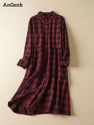 Spring Autumn Cotton Plaid Vintage Dresses For Women Casual Long Elegant Dress Korean Style Office Lady Work Fashion Clothing