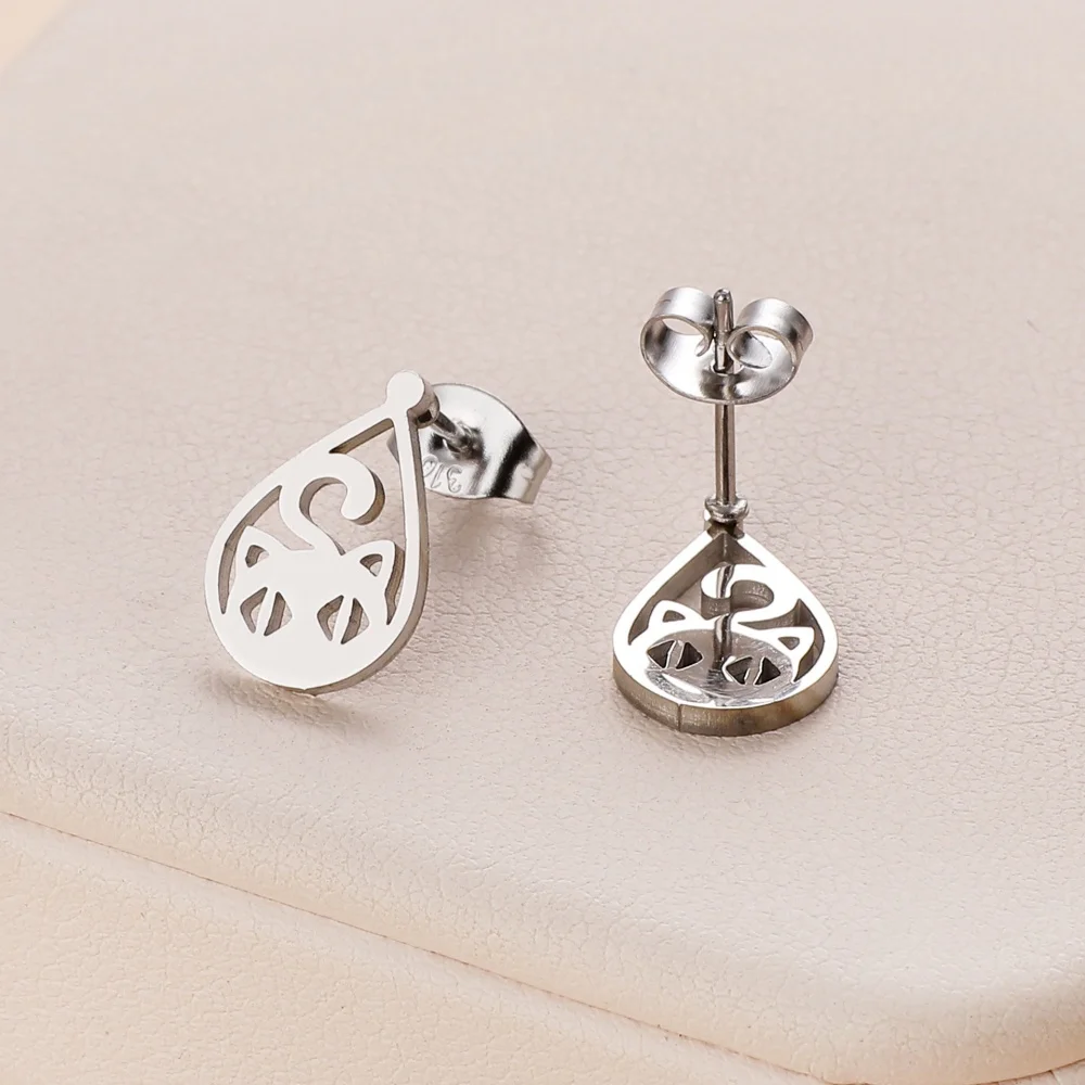 Stainless Steel Lovely Water-drop Cat Stud Earrings For Women Gold Color Waterproof Fashion Ear Jewelry Birthday Party Gifts