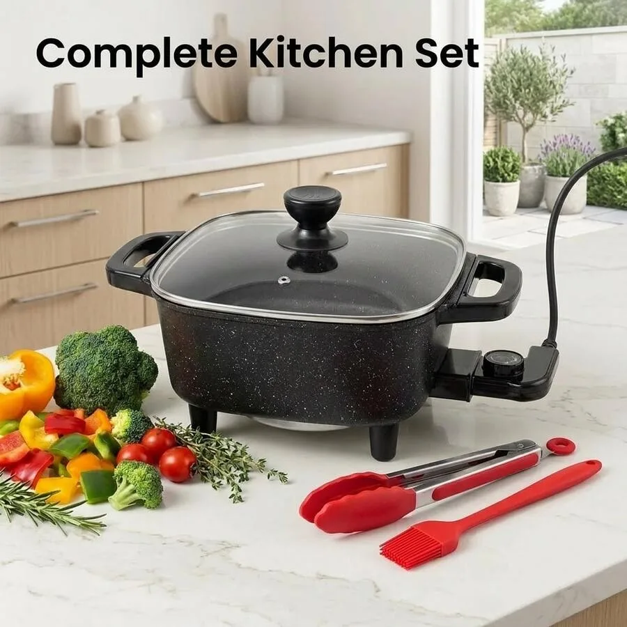 

AORAN 8-Inch Square Electric Cooking Pot With Non-Stick Coating, Adjustable Precise Temperature Control, Heat-Resistant Dual Ha