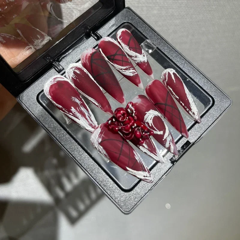 Blood Red Angel Gothic Style False Nails Handmade Aesthetic Y2K Press On Nails Fake Nail With Glue Reusable DIY Coffin Nail Tips