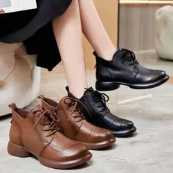 Autumn/Winter Genuine Leather Warm Ankle Boots Lady Soft Flat Shoes Comfortable Casual Short Boots Mother Soft Bottom Boots