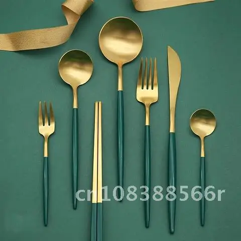 

Nordic Style Stainless Steel Spoon Fork Knife Chopstick Steak Knives Soup Spoon Table Knife for Kitchen Flatware Set Green Gold