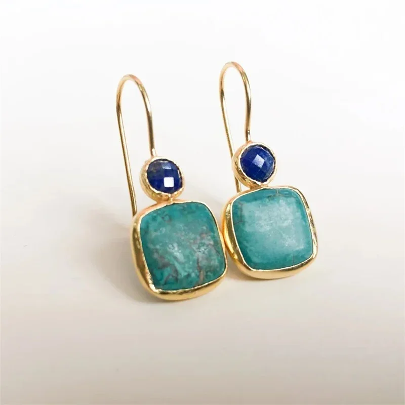 Vintage Geometric Green Color Square Stone Blue Round Stone Simple Dangle Earrings For Women Female Party Pendant Custom Jewelry