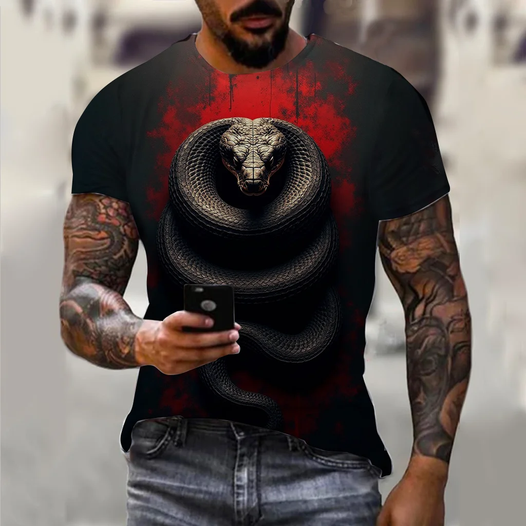 2025 New Year Snake Year Fierce 3D Printed Men's Casual Short Sleeve T-shirt Comfortable Breathable Retro Printed Short Sleeve