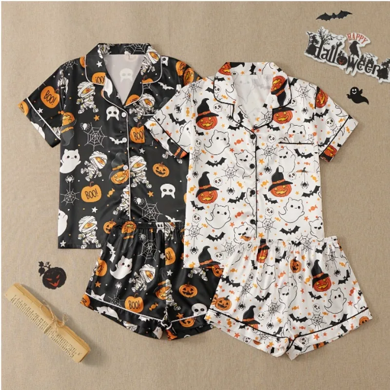 

Halloween pumpkin bat print pajama set for women comfy short-sleeved roll-neck shirt and loose shorts loungewear for women