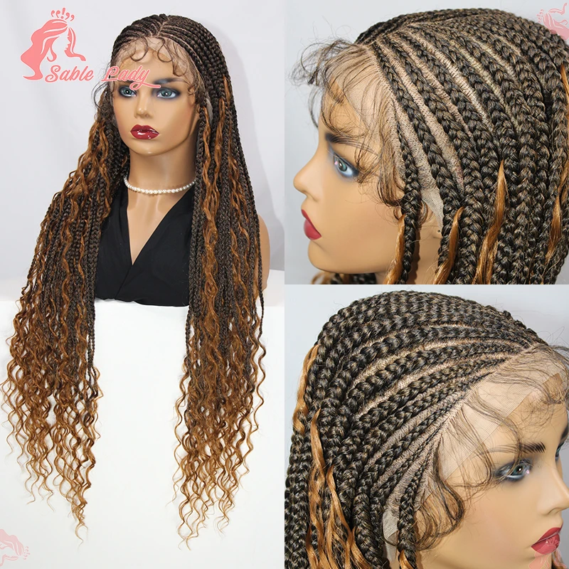 Pelucas de encaje con trenzas bohemias para mujeres negras, peluca trenzada sintética, caja sin nudos de 32 ", 1B27, cabello trenzado de encaje completo