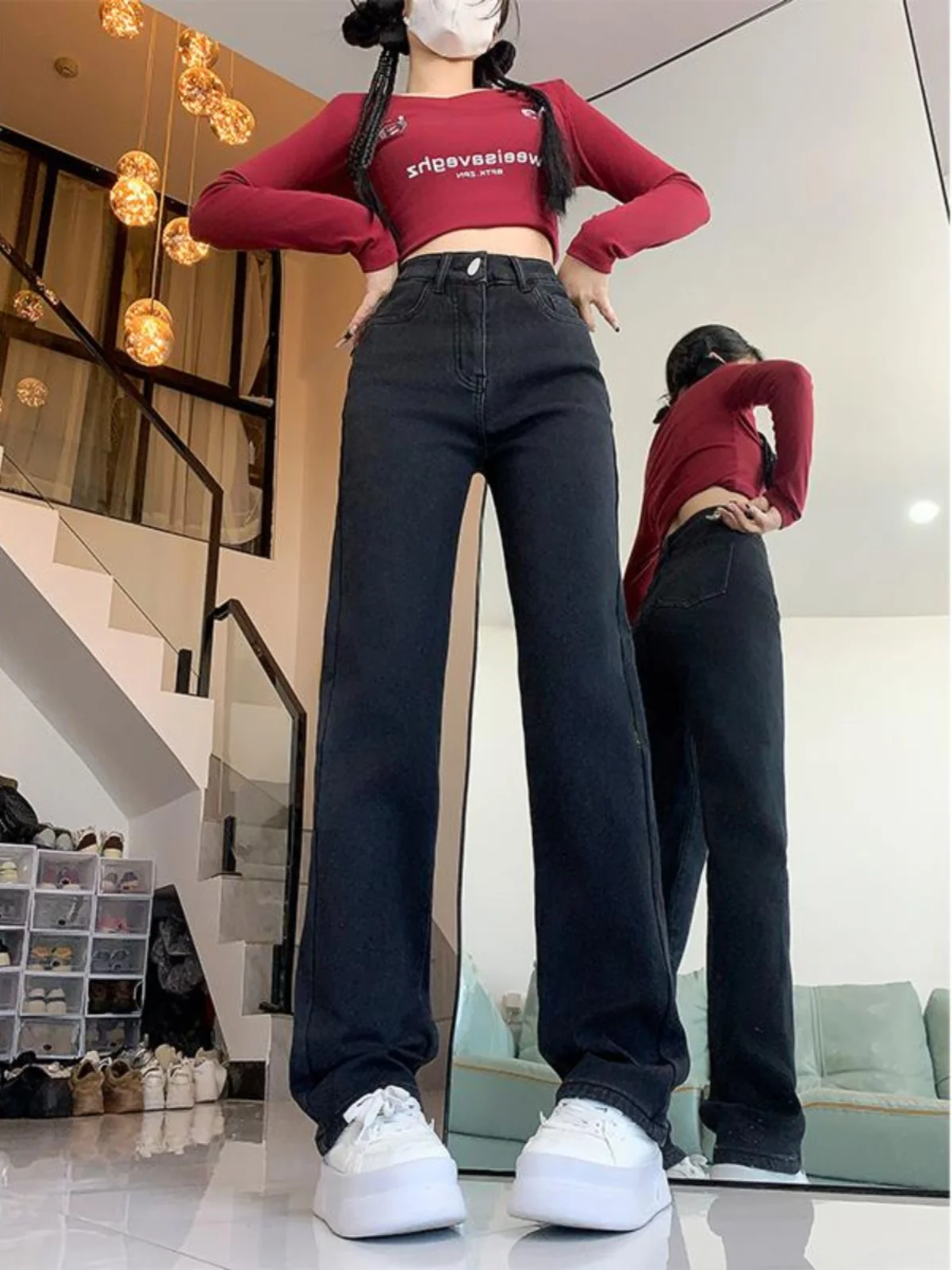 プラスサイズ Fce 裏地付きストレートレッグジーンズ レディース ハイウエスト スリムフィット パンツ 秋の新作 スレ コットンストレッチデニム