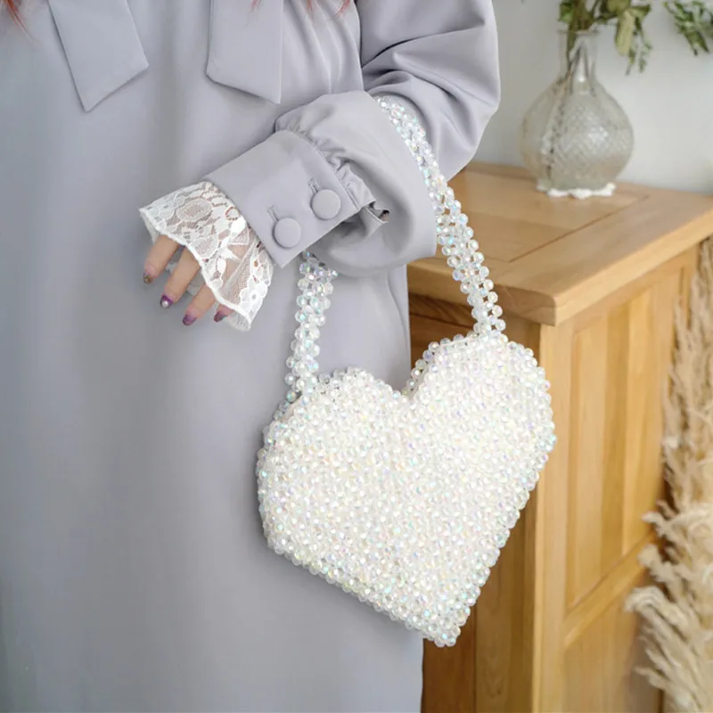 Summer Beach Women Handbag New Heart-shaped Top-handle Beaded Evening Beads Handmade Niche Design Personality Love Ladies Bag