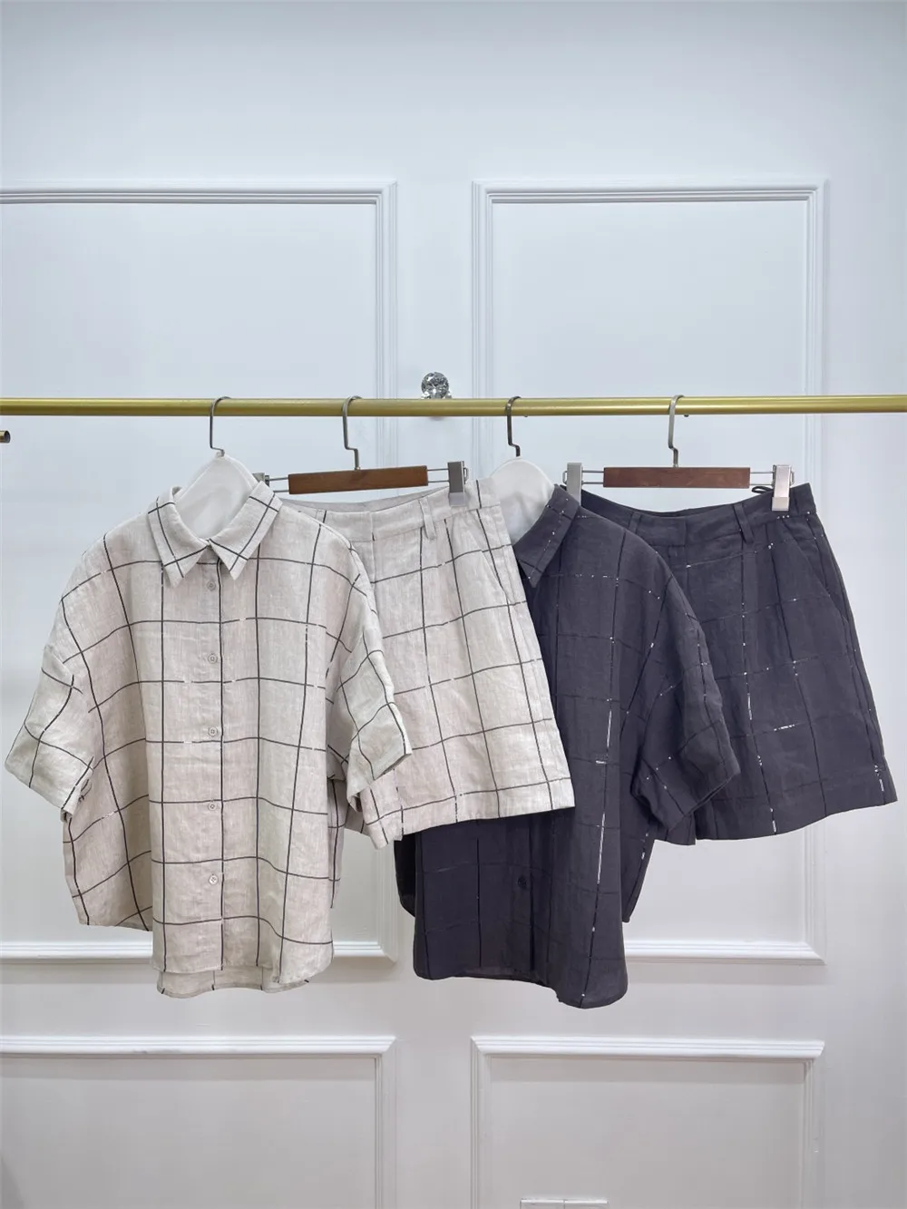 

Summer Women's Sequin Plaid Linen Short Sleeve Shirt+ High Waist Shorts Casual 2-Piece Set