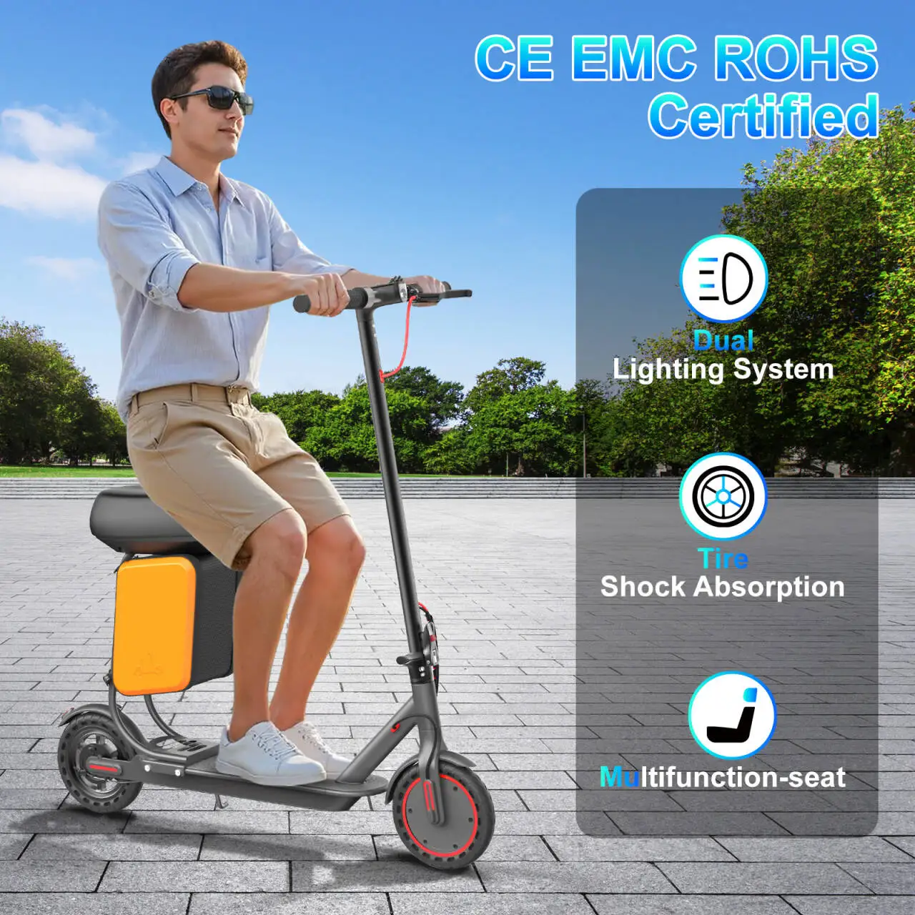 Image of AOVOPRO TX01XB Elektroroller 36V 7,8AH Batterie 25KM Reichweite 8,5 Zoll pannensicherer Vollreifen E-Scooter 15 ° Wasserdichter IP65-Klapproller mit kostenlosem Sitz und hinterem Korb für Erwachsene