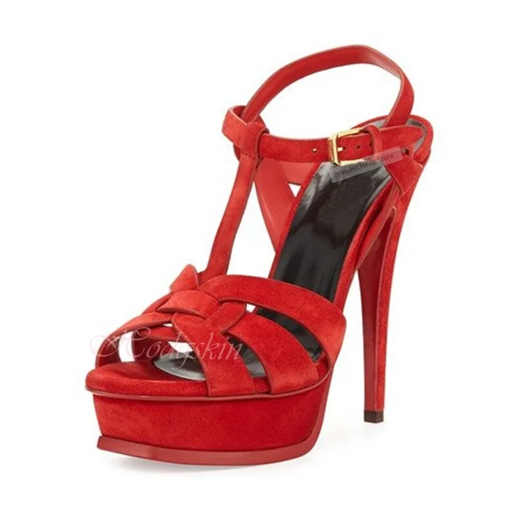 عقدة الأشرطة الجلد المدبوغ الصنادل منصة أبازيم خنجر الكعوب الصلبة الصنادل المرأة مثير أحذية جديدة الصيف الفاخرة حذاء كاجوال للحفلات