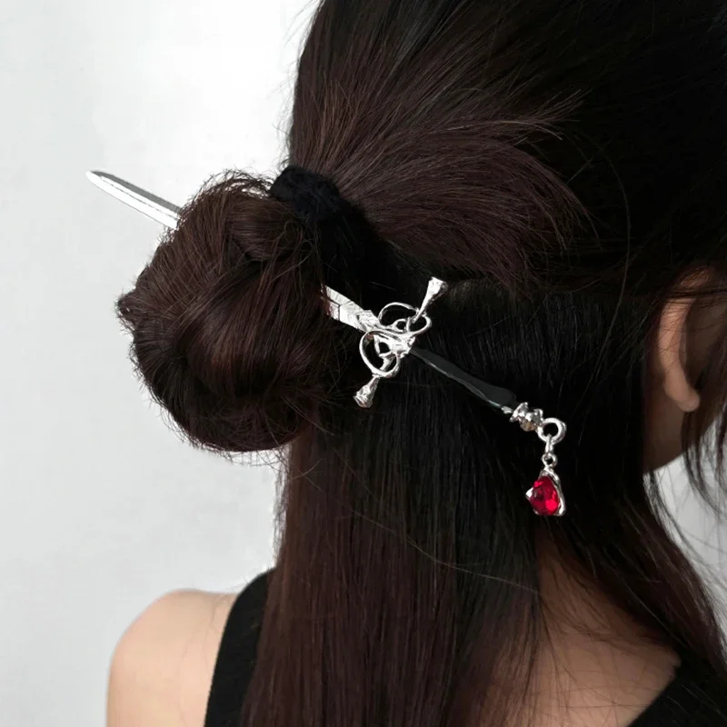 Creative Sword Ruby Pendant Hairpins Vintage Chinese Style Sword Hair Sticks Punk Hairpin Women Trendy Hair Pin Dish Accessories