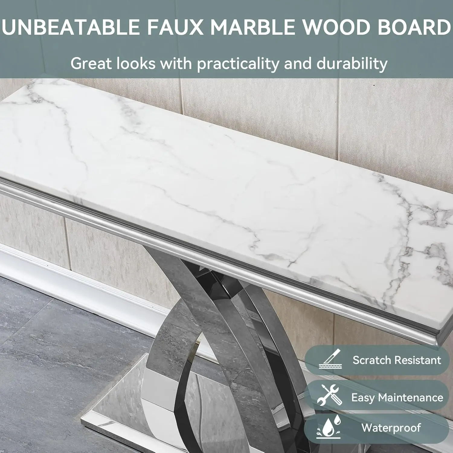 46.85'' Marble Console Table,Modern Luxury Long Narrow Console Entryway Table Hallway Table with Silver X-Shape Stainless Steel