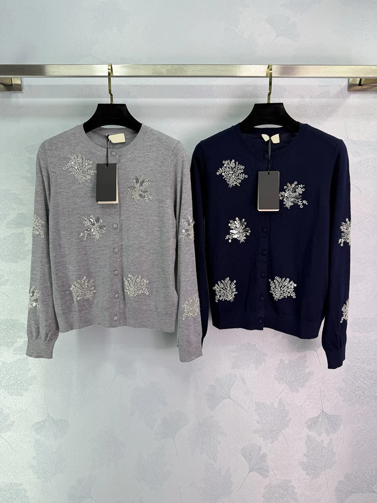 

Spenneooy весенний модный серый винтажный повседневный вязаный кардиган женские свободные свитера с круглым вырезом и блестками, бисером и длинными рукавами