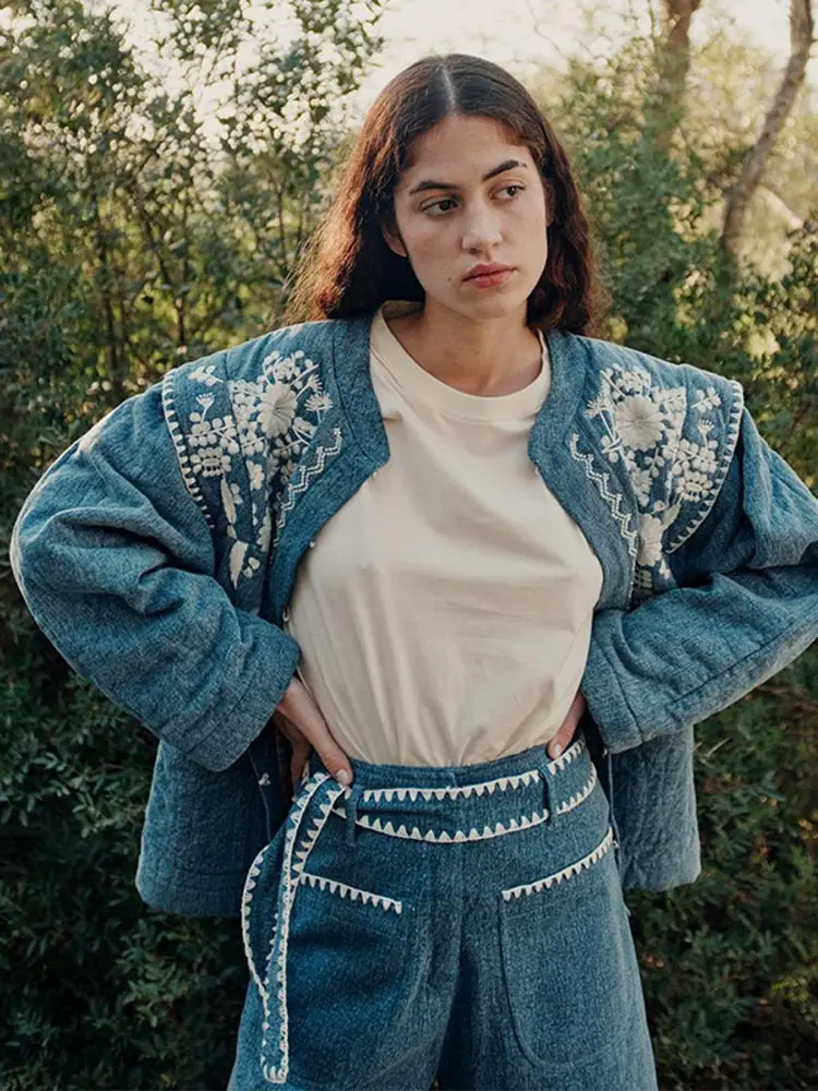 Abrigo de algodón con estampado azul para mujer, Chaqueta de manga larga con cuello redondo a la moda, ropa de calle informal, 2024