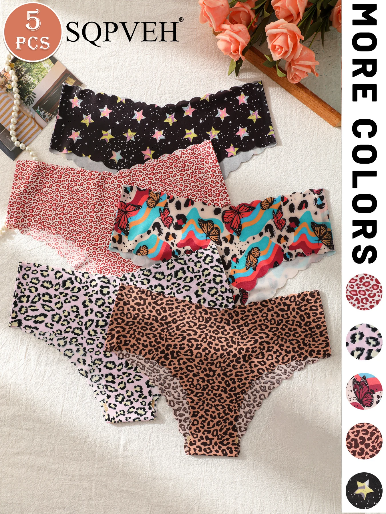 5PCS Leopard & Star & Butterfly Print Scalloped Thongs, No Show Seamless Ultra Soft Breathable Elastic Waist Women Everyday Unde
