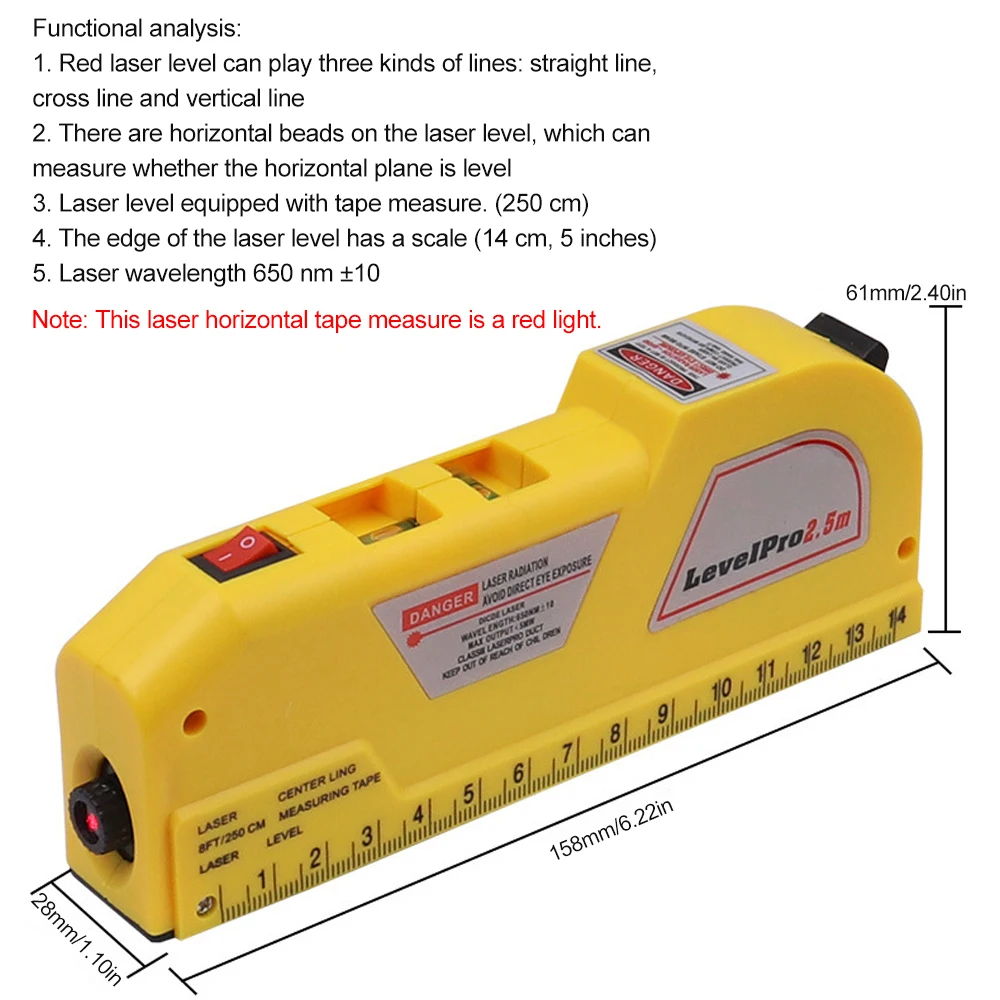 Infrared Laser Level Precision Top Reading Tape Measure Metric Ruler Measuring Tape with Laser Line Bubble Vials Ruler Base