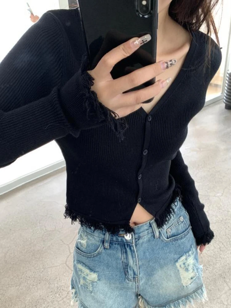 Tassel Cardigans for Women Basic Crop Tops Autumn Winter Korean Fashion Slim Knitted Clothes Solid Retro Sexy All-match Female