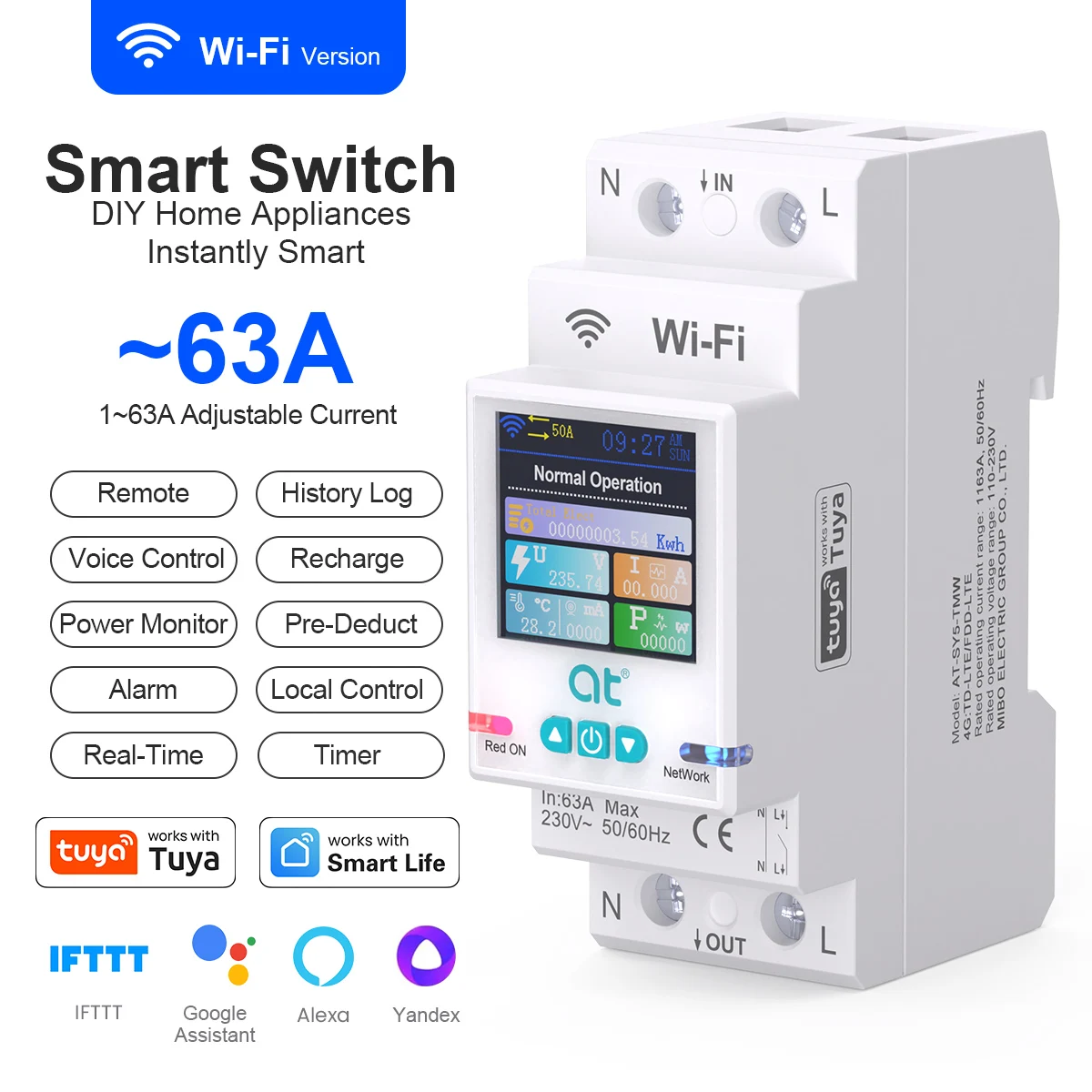 Tuya WiFi Smart Switch Circuit Breaker Wireless Remote Control Smart Home Equipment LCD Display Battery Statistics 1P 63A