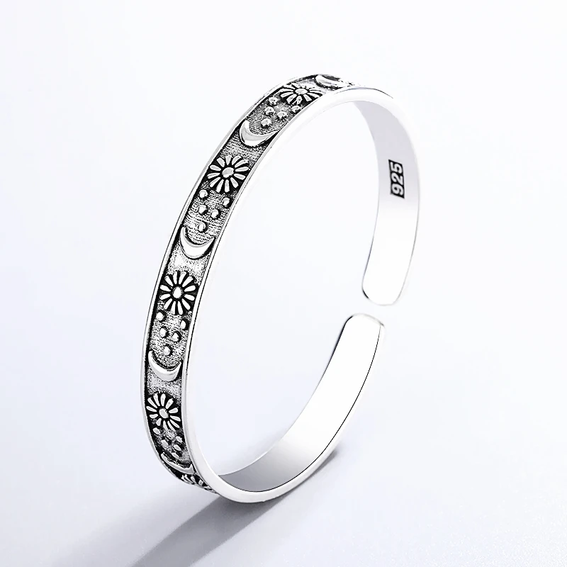 Vintage Thai Silver Moon Star Flower Silver Color Resizable Opening Bracelet For Women Luxury Jewelry Gift