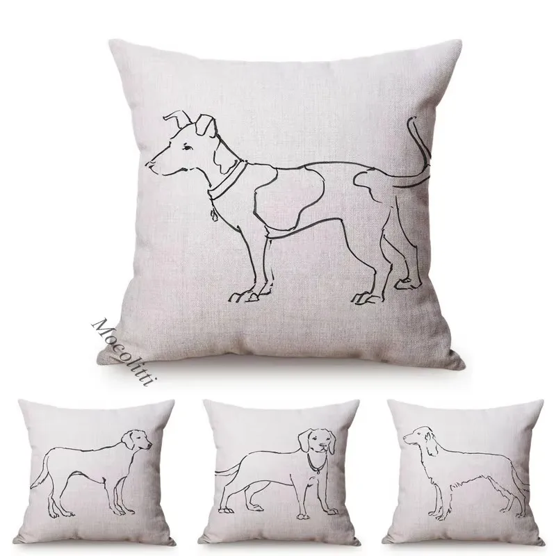 Pencil Drawing Dog Pattern Throw Pillow Case Concise Sketch Decoration Square Cushion Cover Cotton Linen Sofa Bed Pillowcase