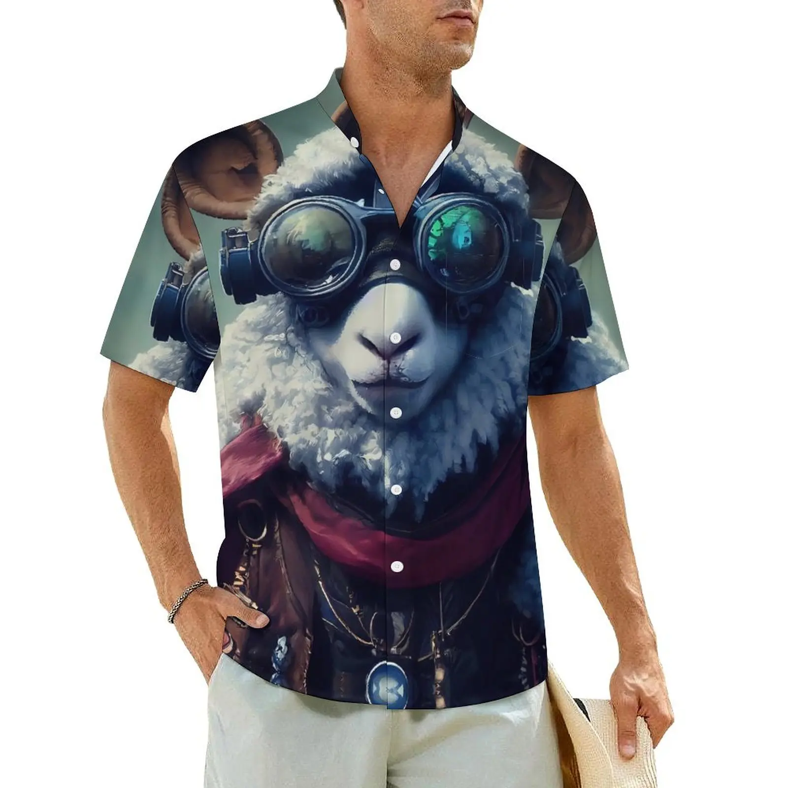 

Funny Animal Casual Shirt Sheep Print Loose Summer Shirts Man Short Sleeve Beach Y2K Funny Custom Oversized Blouses