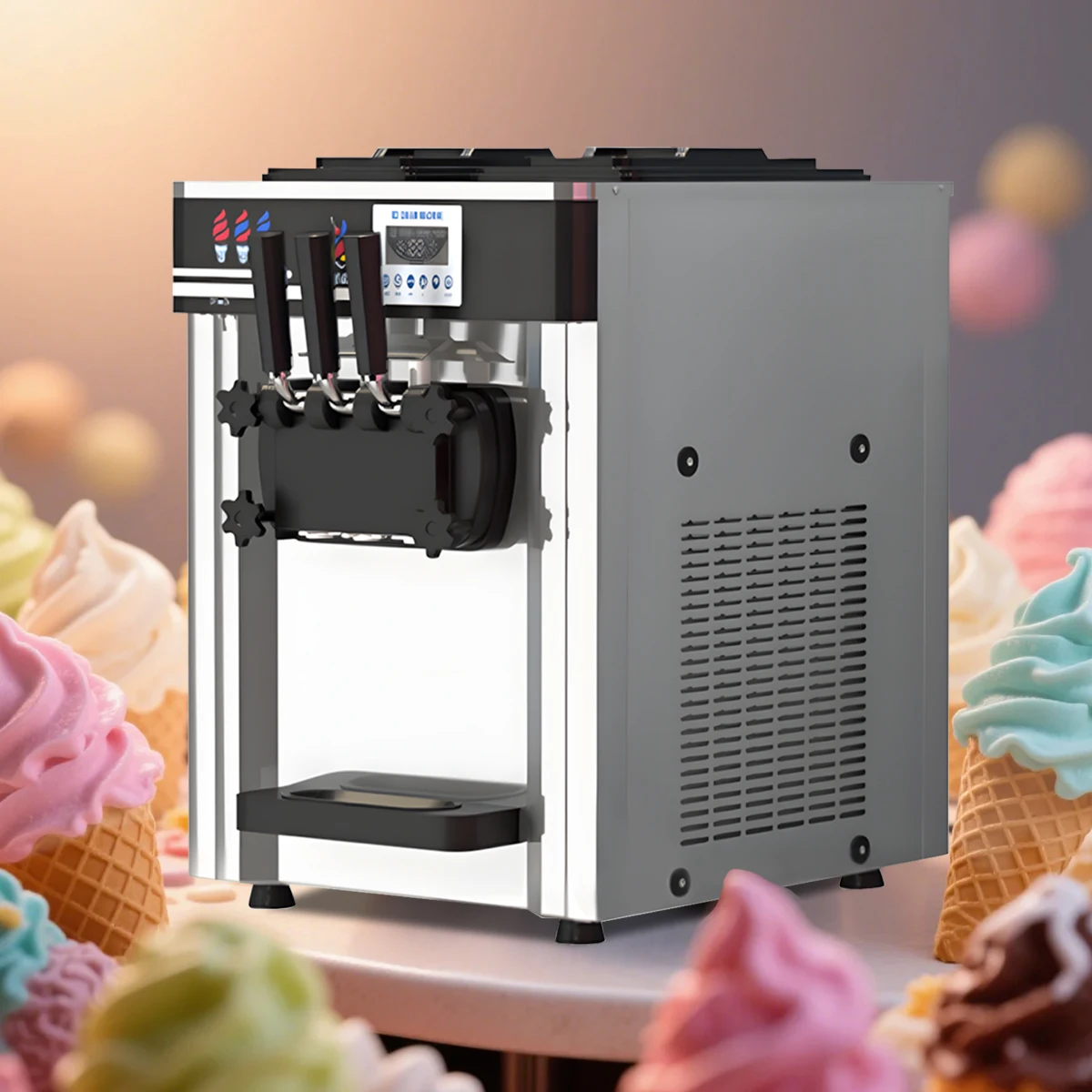 

China Factory Commercial Tabletop Soft Ice Cream Machine High Output Three Flavors Stainless Steel Commercial Electric