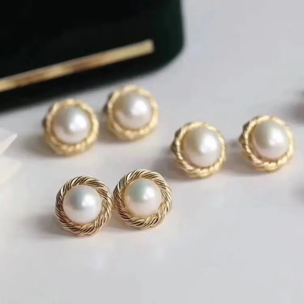 

DIY Pearl Accessories S925 Pure Silver Ear Studs with Empty Support, Gold Silver Earrings Fit 8-9mm Round Flat Women's Earrings