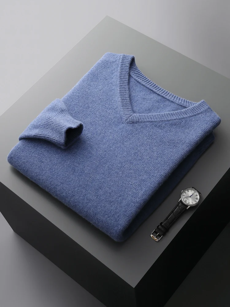 Men's V-Neck Merino Wool Sweater Thick Solid Pullovers Loose Knit Base Shirt Business Casual Jacket Tops Autumn Winter New