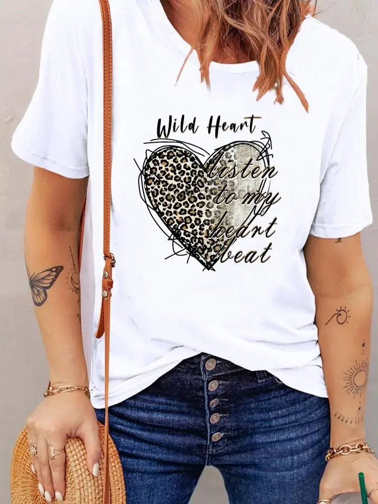 Clothing Top Short Sleeve Women Fashion Summer Leopard Love Heart Trend Clothes Print T Shirt Basic Tee Graphic T-shirts